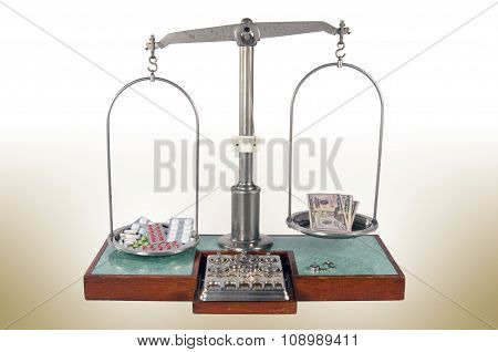 Old Style Pharmacy Scale With Drugs Heavier Than Money