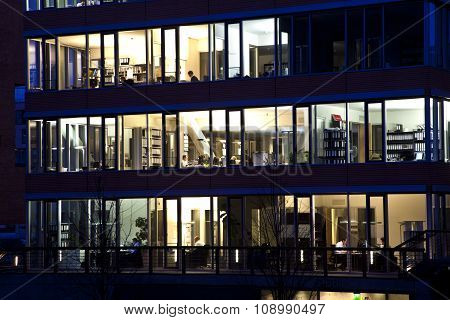 HAMBURG, GERMANY - APRIL 4, 2011: facade in historic Speicherstadt at night in Hamburg. The hafencity is a new building projekt in the old part of the speicherstadt and houses offices and apartments.