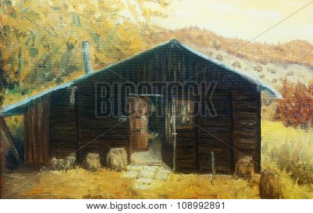 wooden cabin in a forest in the mountains, painting sepia effect
