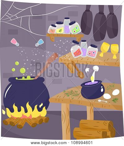 Illustration of the Kitchen of a Witch with a Potion Brewing in the Corner