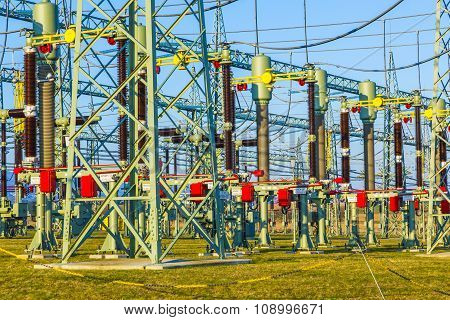 HOFHEIM, GERMANY - MAR 3, 2012: high voltage tower in rural landscape with blue sky
