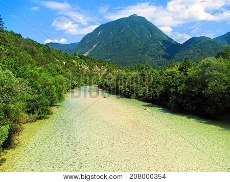 River Soca near Bovec. Kayaking and rafting in Slovenia