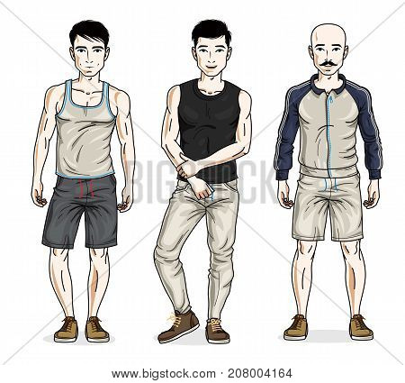 Confident handsome men group standing wearing stylish sport clothes. Vector people illustrations set. Lifestyle theme male characters.