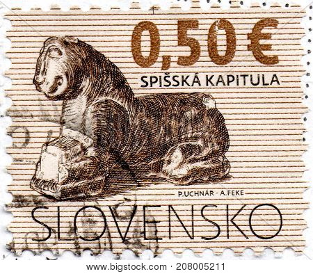 Ukraine - circa 2017: A postage stamp printed in Slovakia shows The Church of St Martin in Spisska Kapitula serie Definitive Issues - Cultural Heritage of Slovakia circa 2009