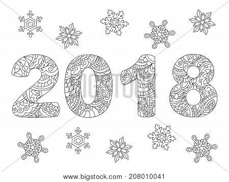 Handwritten number 2018 patterned with zen tangled shapes hand drawn snowflakes isolated on white. Adult coloring book. eps 10