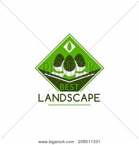 Best landscape and gardening design company icon template. Vector isolated ecology trees forest, gardens or parklands squares and woodlands for planting or urban horticulture and eco environment
