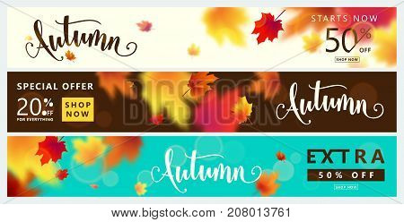 Colorful autumn banner set. Fall sale background with bright maple leaves, light effect, season type lettering text sign 50 percent, 20 Off. Vector illustration