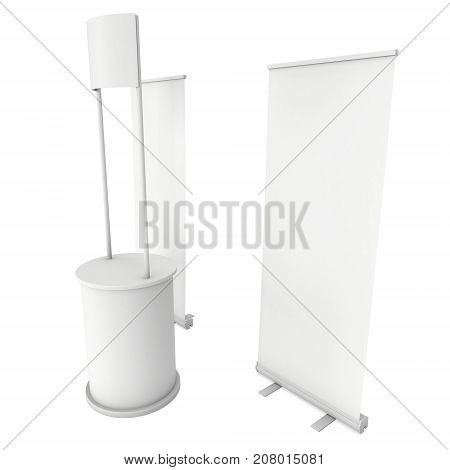 Stall or Kiosk Modern Promostand Reception Desk with roll up. Trade show booth white and blank. 3d render illustration isolated on white background. Template mockup for your expo design.