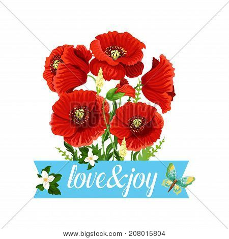 Poppy flower bunch and spring green crocuses or summer butterfly in grass. Vector floral bouquet design template for greeting card of flowery blooming red flower blossoms