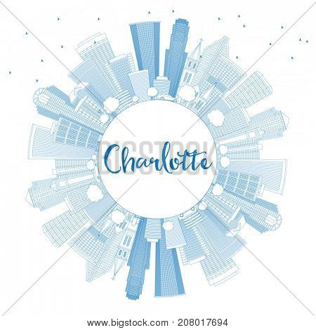 Outline Charlotte Skyline with Blue Buildings and Copy Space. Business Travel and Tourism Concept with Modern Architecture. Image for Presentation Banner Placard and Web Site.
