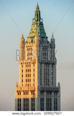 New York City - December 8, 2007: Aerial view of the Woolworth Building in downtown Manhattan New York City