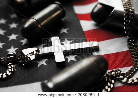 Religious Cross With Bullets & American Flag