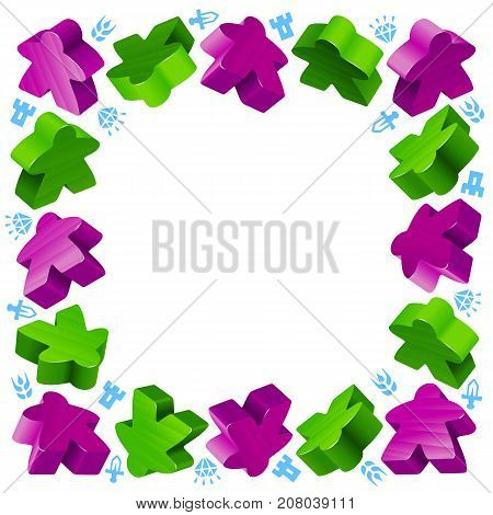 Square frame of meeples for board games. Green and purple game pieces and resources counter icons