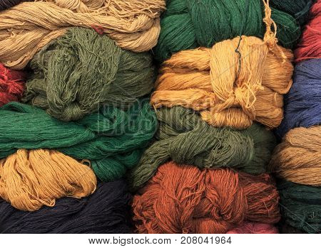 Colorful stacks of wool for fabrics and cloths in Iran