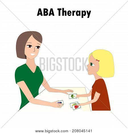 Woman and girl pointing ABA activities cards. One of autism treatment method. Little kid and instructor. Vector illustration