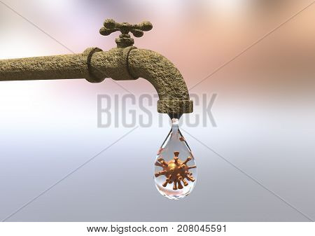Safety of drinking water concept, 3D illustration showing tap with drop of water containing virus