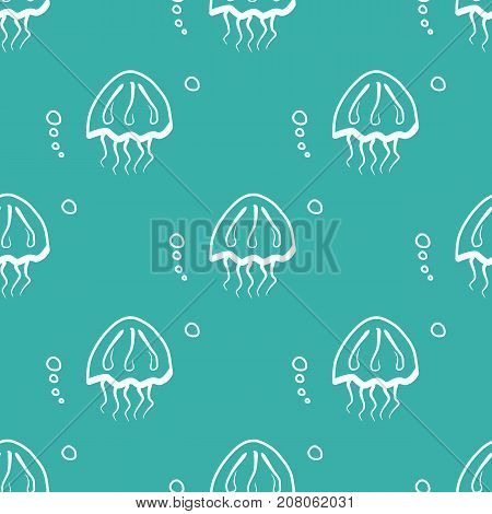 Seamless vector pattern with jellyfish on green background
