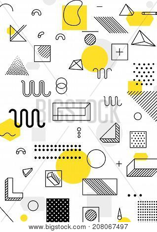 Universal trend poster with bright bold geometric yellow elements, chaotic composition, restrained sustained tempered style. Easy editable clipping mask. Magazine, leaflet, ad, typography, print