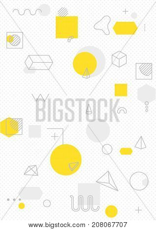 Universal trend poster with bright bold geometric yellow elements, chaotic composition, restrained sustained tempered style. Easy editable clipping mask. Magazine, leaflet, ad, typography, print