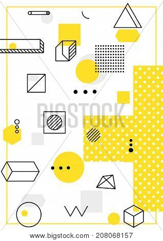 Universal trend poster with bright bold geometric yellow elements, chaotic composition, restrained sustained tempered style. Easy editable clipping mask. Magazine, leaflet, ad, typography, print