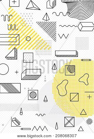 Universal trend poster with bright bold geometric yellow elements, chaotic composition, restrained sustained tempered style. Easy editable clipping mask. Magazine, leaflet, ad, typography, print