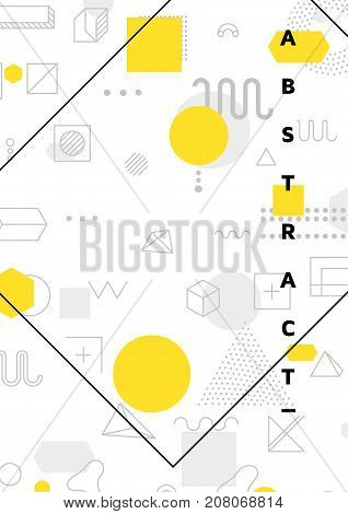 Universal trend poster with bright bold geometric yellow elements, chaotic composition, restrained sustained tempered style. Easy editable clipping mask. Magazine, leaflet, ad, typography, print
