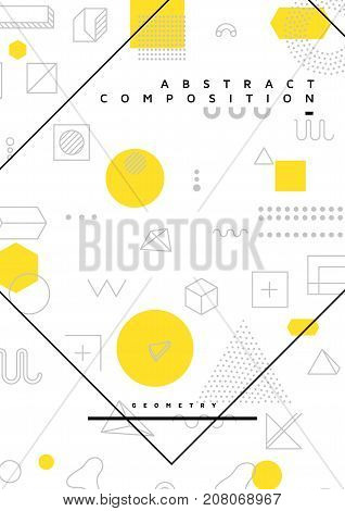 Universal trend poster with bright bold geometric yellow elements, chaotic composition, restrained sustained tempered style. Easy editable clipping mask. Magazine, leaflet, ad, typography, print