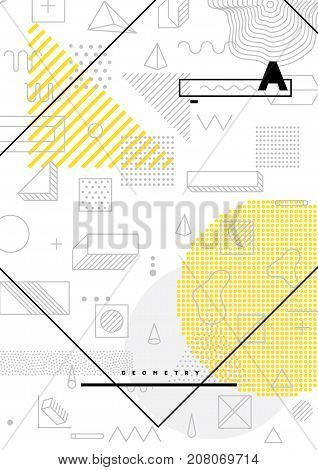 Universal trend poster with bright bold geometric yellow elements, chaotic composition, restrained sustained tempered style. Easy editable clipping mask. Magazine, leaflet, ad, typography, print
