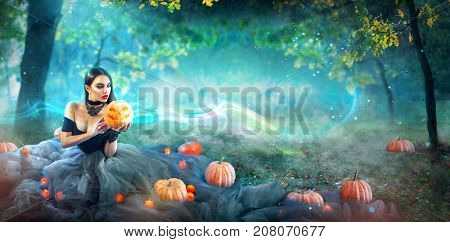 Halloween Witch with a carved Pumpkin and magic lights in a dark forest. Beautiful young surprised woman in witches costume holding pumpkin. Wide Halloween party wide angle art design