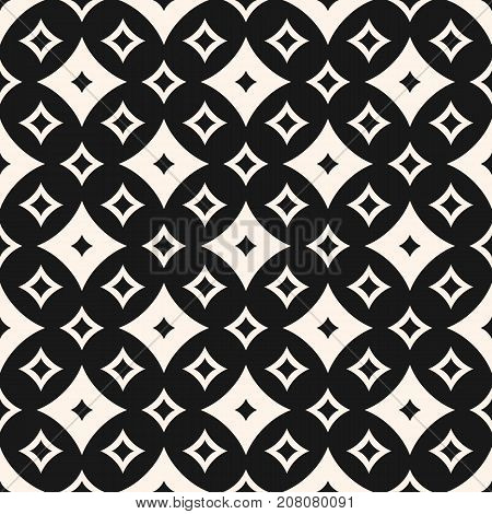 Geometric texture with small diamond shapes, outline rhombuses, stars, flares. Abstract modern seamless pattern. Dark monochrome repeat background. Repeat design for decor, prints, web. Diamonds background. Ornamental background. Stars background.