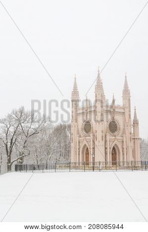 St. Alexander Nevsky Church In The Park Of Peterhof In The Winter.