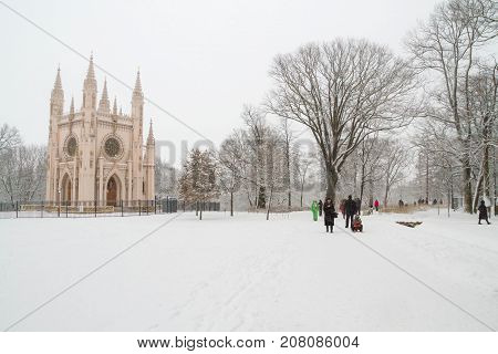 St. Alexander Nevsky Church In The Park Of Peterhof In The Winter.