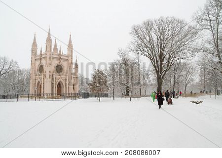 St. Alexander Nevsky Church In The Park Of Peterhof In The Winter.