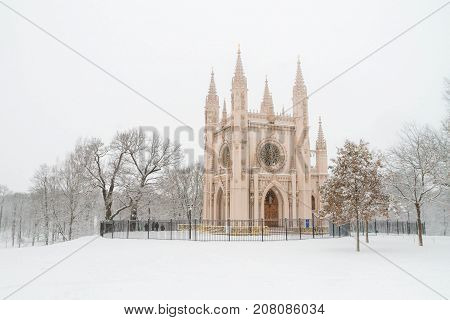 St. Alexander Nevsky Church In The Park Of Peterhof In The Winter.