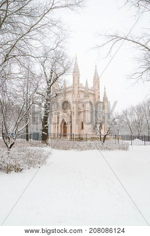St. Alexander Nevsky Church In The Park Of Peterhof In The Winter.