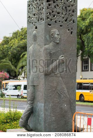 FUNCHAL MADEIRA PORTUGAL - SEPTEMBER 8 2016: Abstract statue on the waterfront of Funchal on Madeira Island. Portugal