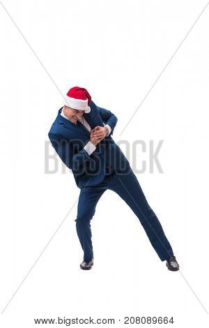Young busnessman wearing santa hat in christmas concept on white