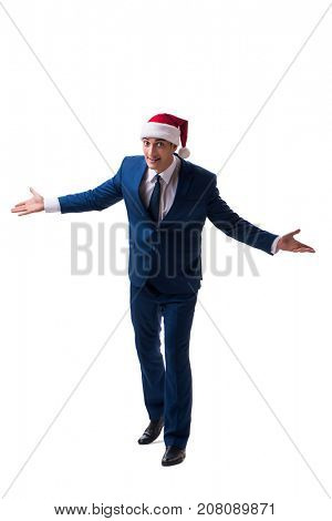 Young busnessman wearing santa hat in christmas concept on white