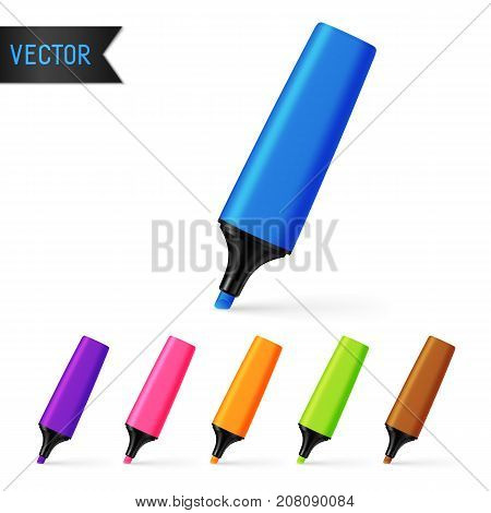 Set of Isolated Realistic Colorful Markers. School Supplies Blue Violet Pink Yellow Light Green Brown Highlighters.