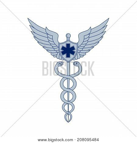 Icon style illustration of a Caduceus or Rod of Asclepius With two snakes winding around winged staff and Pilot Wings and EMT Star on isolated background