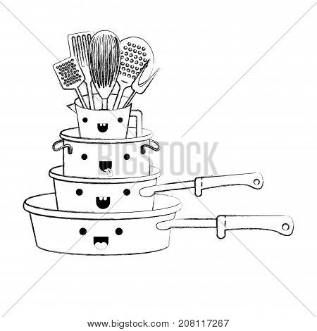 stewpan stack and kitchen utensils monochrome blurred kawaii silhouette vector illustration