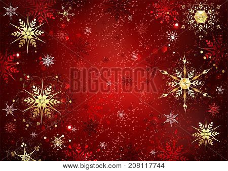 Red Christmas background with gold and red jewelry snowflakes. Gold snowflakes.