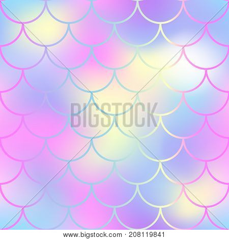 Gentle fish scale pattern with color mesh background. Mermaid vector seamless pattern. Aquatic surface design. Smooth color mesh tile. Marine animal skin ornament. Aquatic pattern. Magic mermaid tail