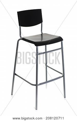 Barstool on high metal legs with a black backboard isolated on white background
