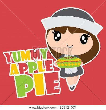 Cute pilgrim girl brings apple pie vector cartoon illustration for happy thanksgiving's day card design, wallpaper and kid t-shirt design
