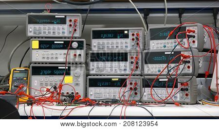 electronics test bench setup with test equipment