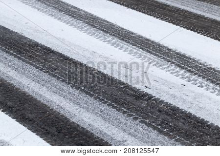Picture Taken In Winter After Snowfall On A Small Rural Road. Snow On The Ground