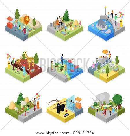 Public zoo with wild animals landscapes isometric 3D set. Lion, behemoth, zebra, giraffe, flamingo, gorilla, elephant, sheep in cages. Zoo infrastructure elements for design vector illustration.