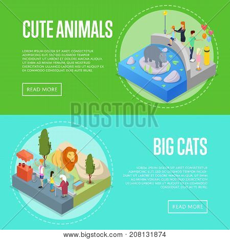 Public zoo with wild animals and visitors isometric 3D posters set. People near lion and hippopotamus in cages. Zoo infrastructure elements for landscape design, outdoor recreation vector illustration