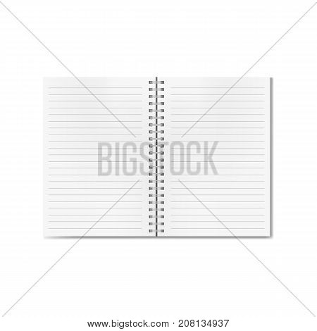Vector open on two pages realistic horizontal lined notebook with metallic spiral with mesh shadow. Copybook with blank opened page organizer mock up for your text